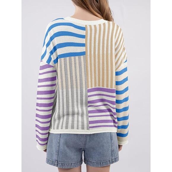 New Medium Oversized, Crewneck, Loose Knit Pullover Striped Color Block Sweater - Picture 2 of 5